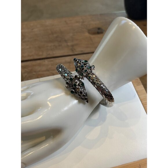 Silver Cobra Head Bracelet With Green Gem Accents & Hinged Design **missing ston - Picture 9 of 10